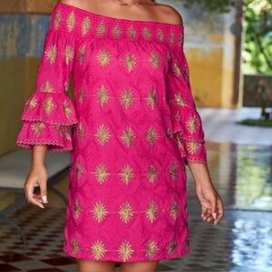 Boston Proper Women’s Pink Fuchsia Metallic Off-The-Shoulder Dress Blouse Small